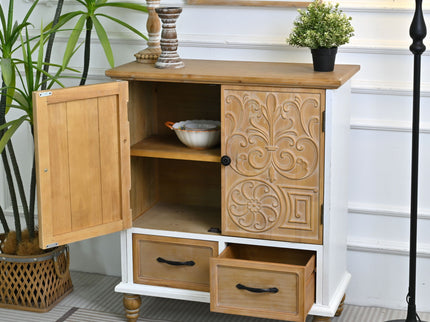 Accent Flower Carved Door Sideboard Cabinet With 2 Drawers For Kitchen - Natural Wood Wash / White