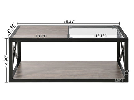Industrial Style Coffee Table For Bedroom & Living Room With Tempered Glass & Wood Grain - Wood