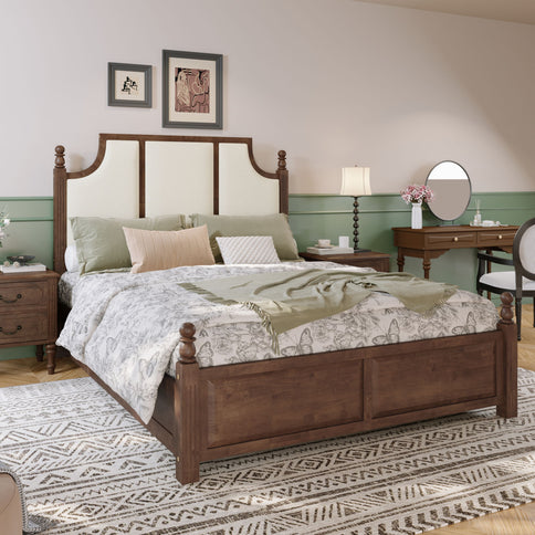 Farmhouse Platform Bed Frame & Tall Upholstered Headboard
