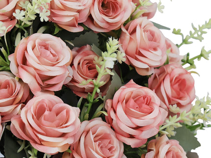 Artificial Rose Decoration With UV Resistant Silk Petals, Durable Stems In Cement Pot, Indoor Outdoor Potted Floral Arrangement - Green / Pink