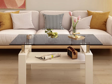 Modern Rectangular Coffee Table With Tempered Transparent Glass Top And Storage Shelf