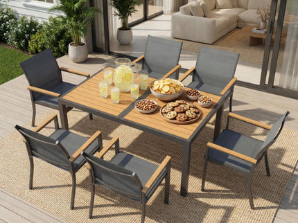 7 Piece Gray Aluminum Patio Dining Set With Textilene Chairs For Outdoor Living Frame With Accents, 59" Rectangle Table, All Weather Durable