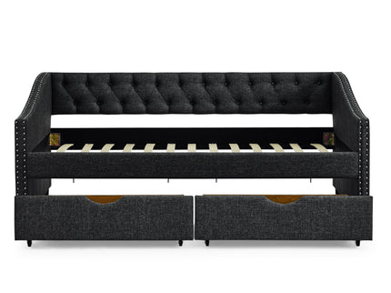Upholstered Tufted Daybed With 2 Drawers, Waved Arms