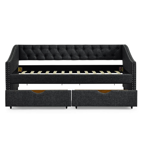 Upholstered Tufted Daybed With 2 Drawers, Waved Arms