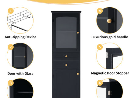 Tall Bathroom Storage Cabinet With Glass Doors, Free-Standing, Two Drawers, And Adjustable Shelves, Board, Painted Perfect For Displaying Your Favorite Items