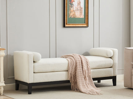 Elegant Upholstered Bench, Daybed, Ottoman With Wood Legs & Bolster Pillows - Ivory Boucle