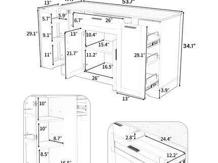 Sideboard With Extendable Table, Adjustable Shelves, 3 Tier Pull Out Rack - White