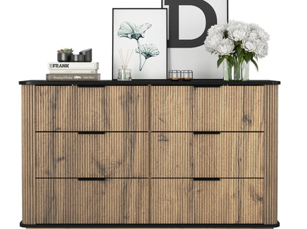Modern 6 Drawer Cabinet With Metal Rounded Corners And Exquisite Handles Multi Functional Storage - Natural Wood