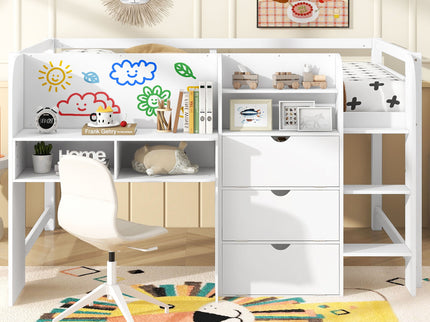 Low Loft Bed With Built In Desk, Storage Cabinets, Open Bookcase And Doodle board