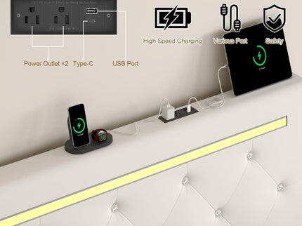 Upholstered Bed Frame With LED Lights, 4 Storage Drawers, Charging Station