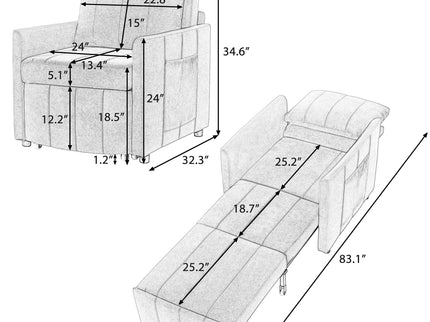 Upholstered Convertible Sleeper Sofa With 5 Position Backrest, Side Pockets, Storage