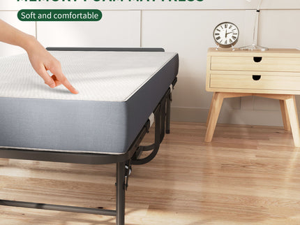 Twin Wide Folding Bed For Tall People, Extra Long & Wide Rollaway With Memory Foam, Heavy-Duty - Black
