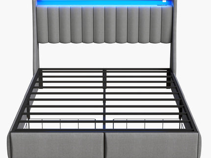 Upholstered Platform Bed Frame With RGB LED Lights, Charging Station & 2 Underbed Drawers