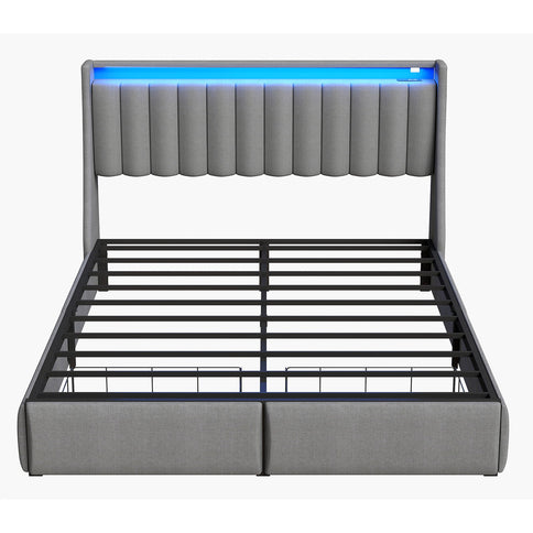 Upholstered Platform Bed Frame With RGB LED Lights, Charging Station & 2 Underbed Drawers