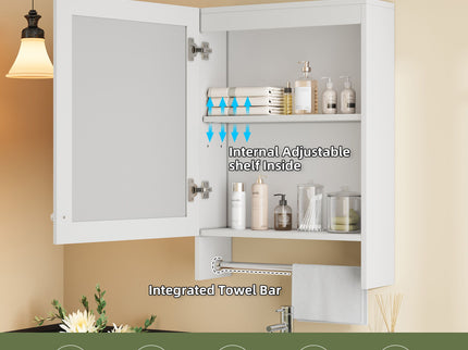 3 In 1 Wall Mounted Bathroom Mirror Cabinet With Adjustable Shelf, Soft Close Door, Mirror & Towel Bar - White