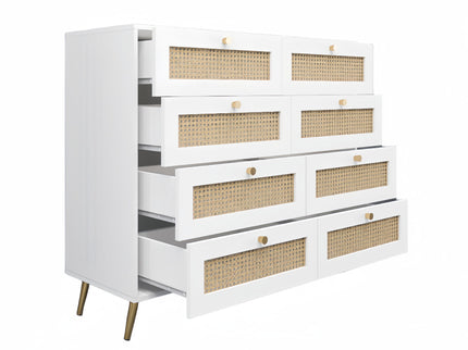 8 Drawers Chest Of Drawers With Rattan Drawer Face Golden Legs And Handles - White