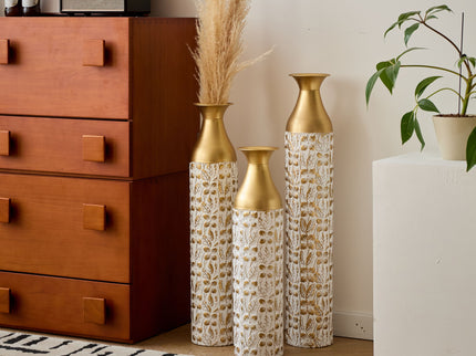 Mother's Day Gift Set Gilded White 3D Relief Flower Metal Vase Set - White / Gold