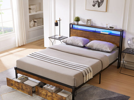 Modern Metal Platform Bed Frame With Wooden Headboard And Footboard, USB Charging Station, LED Lights, 2 Drawers