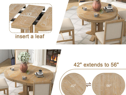 Dining Set & Extendable Round Table And 4 Upholstered Chairs
