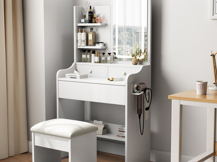 Fashion Vanity Desk With Mirror And Lights For Makeup, Hair Dryer Holder And Chair, Adjustable Lighting - White