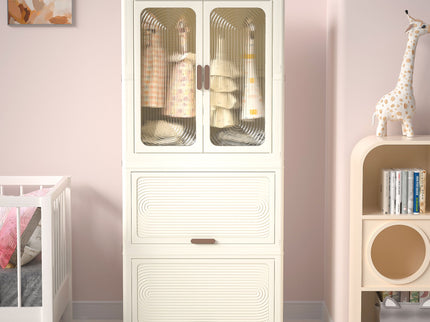 Portable Wardrobe Closet Storage Organizer With Magnetic Doors And Hanging Rod - Cream White