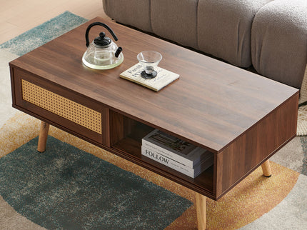 41.34" Rattan Coffee Table, Sliding Door For Storage, Solid Wood Legs, Modern Table For Living Room