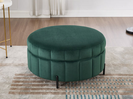 Upholstered Round Ottoman With Reversible Lid, Channel Tufted Pumpkin Shape