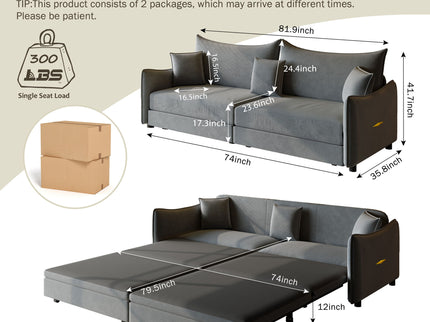 King Pull Out Sofa Bed, 3-In-1 Convertible Bed With 3 Pillows