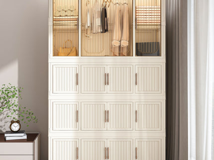 Portable Wardrobe Closet Storage Organizer With 17 Magnetic Doors, 17 Cubes, Hanging Rod & 6 Hangers - Creamy White