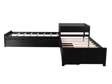 L Shaped Platform Bed With Trundle And Drawers Linked With Built In Desk