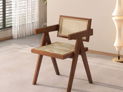 Modern Mid Century Dining Chairs (Set of 2), Rattan Accent Chairs, Comfy Armchairs, Outdoor Wood Chairs With Armrest - Walnut
