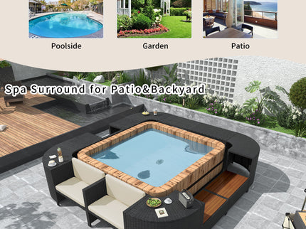 Spa Surround Spa Frame Quadrilateral Outdoor Rattan Sectional Sofa Set With Mini Sofa, Wooden Seats And Storage Spaces