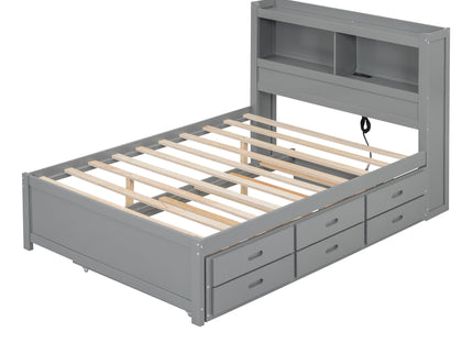 Full Size Platform Bed With Trundle, Drawers, USB Ports And Built In Shelves - Gray