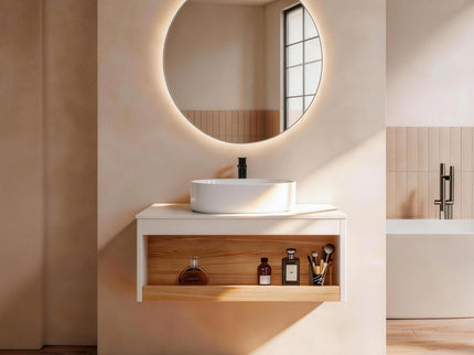 Floating Bathroom Vanity With Glossy Round Vessel Sink