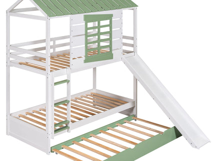 Twin Over Twin House Bunk Bed With Convertible Slide And Trundle - White