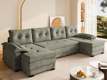 U-Shaped Sleeper Sofa With Pull Out Bed, Removable Armrests & USB Ports For Living Room