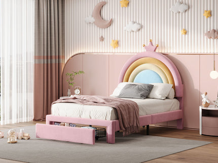 Upholstered Rainbow Design Bed, Princess Platform Bed With Storage Drawer