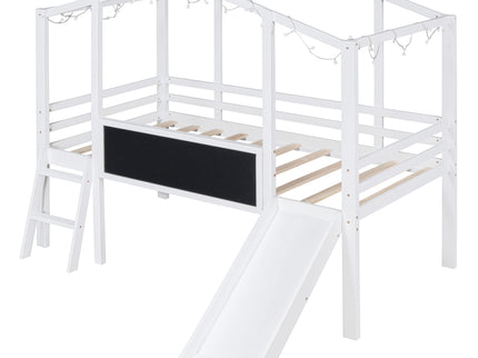 Loft House Bed With Ladder And Slide, With board And Light Strip On The Roof
