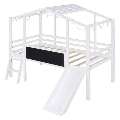 Loft House Bed With Ladder And Slide, With board And Light Strip On The Roof