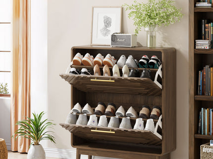 Freestanding Shoe Cabinet With 2 Flip Top Drawers For Entryway - Walnut