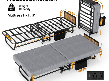 Twin Folding Bed With Headboard & USB Charging Station - Gray