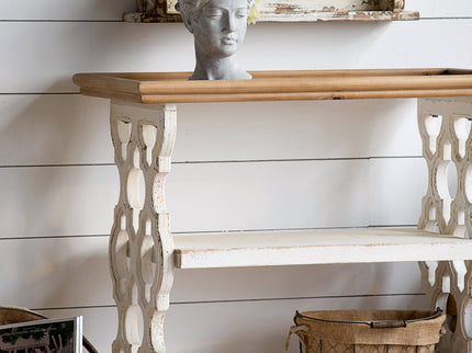 Distressed Wood Shelf Tray, French Country Console Table - Brown / Antique White