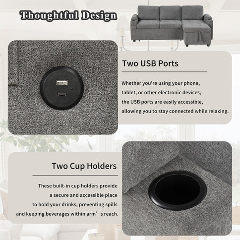 Convertible L Shaped Sofa Couch With Storage, Cup Holders, USB Ports