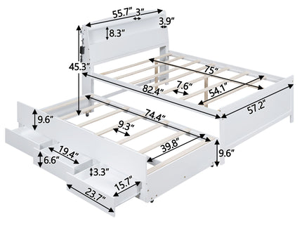 Full Size Platform Bed With Storage LED Headboard, Twin Trundle And 3 Drawers - White