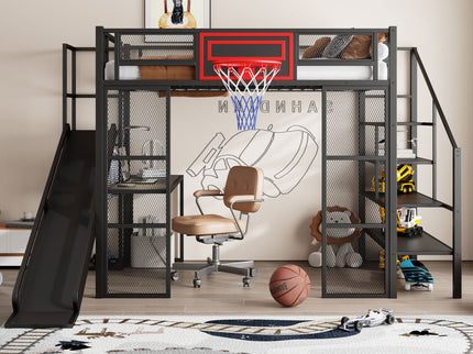 Loft Bed With Built In Desk, Open Wardrobe, Basketball Hoop, Slide And Staircase