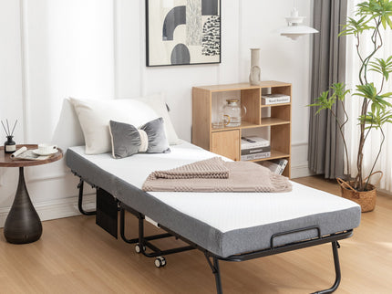 Foldable Metal Frame Bed For Guest With Memory Foam Mattress On Wheels, Saving Space Rollaway Bed