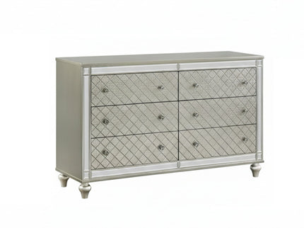 6 Drawer Bedroom Dresser With Diamond Patterned Drawer Fronts - Silver