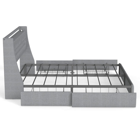 Queen Platform Bed Frame With RGB LED & Charging Station, Storage Headboard - Gray