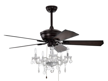 52" Crystal Shade Ceiling Fan Lamp, 3 Speed, 4 Timing, 5 Reversible Blades Crystal Ceiling Fan, 5 Pieces X E12 (No Include Bulb), Hand Pull Chain - Matte Black