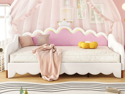 Extending Daybed With LED Lights, Modern Upholstered Princess Daybed With Crown Headboard